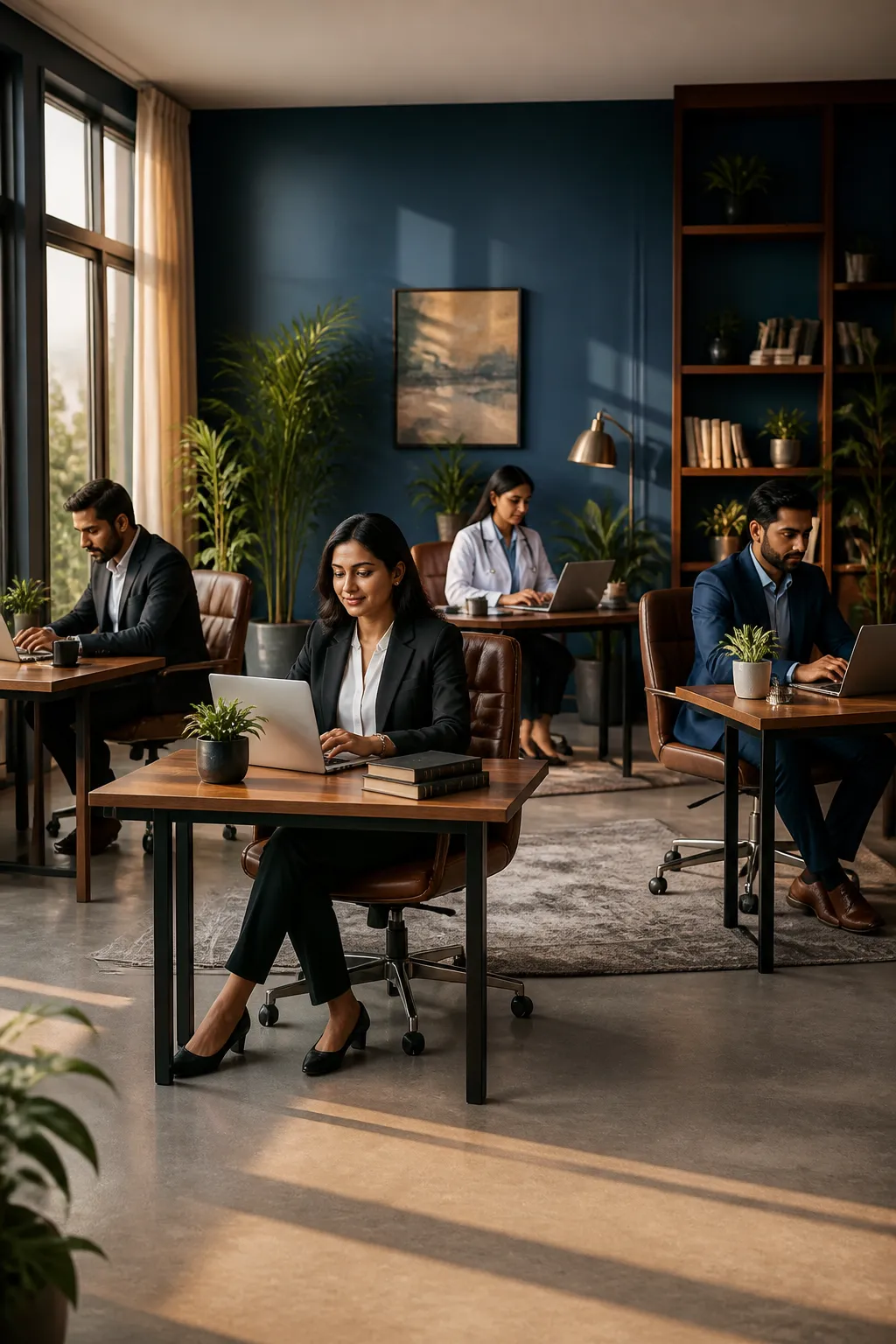 Diverse group of Indian professionals working in a modern co-working space